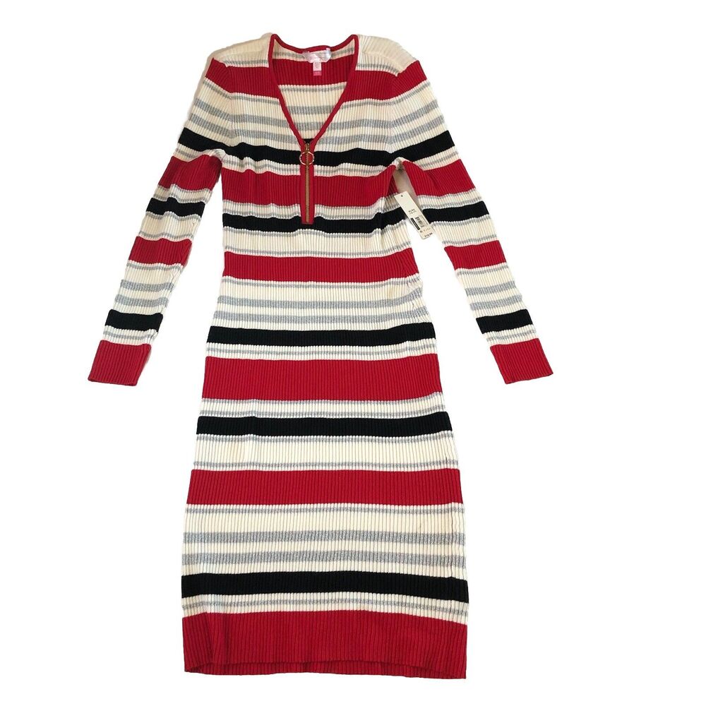 No Boundaries Striped Ribbed Knit Dress XL 15-17 Red Black White Metallic Zip